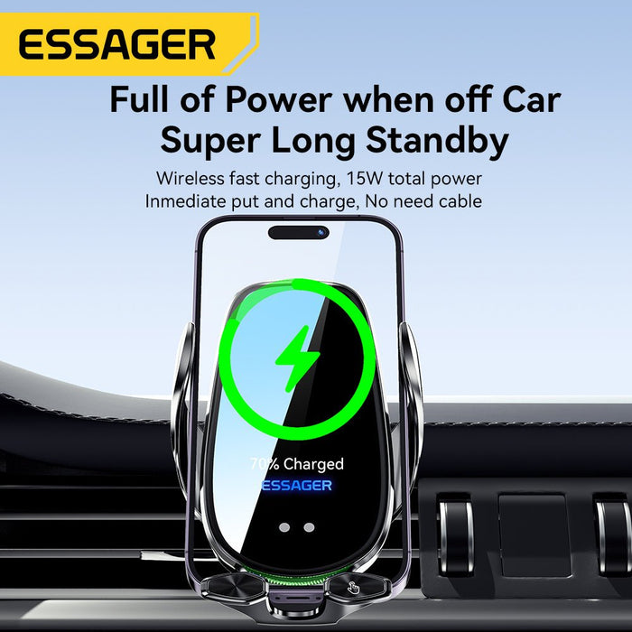 ESSAGER A4 Wireless Car Phone Holder Charger - 15W 10W 7.5W 5W, Air Vent Clamp Bracket, Compatible with iPhone 13, 14, 14 Pro, 14Pro Max, Xiaomi 13pro, Huawei Mate50 - Ideal for Safe and Efficient In-car Charging - Shopsta EU